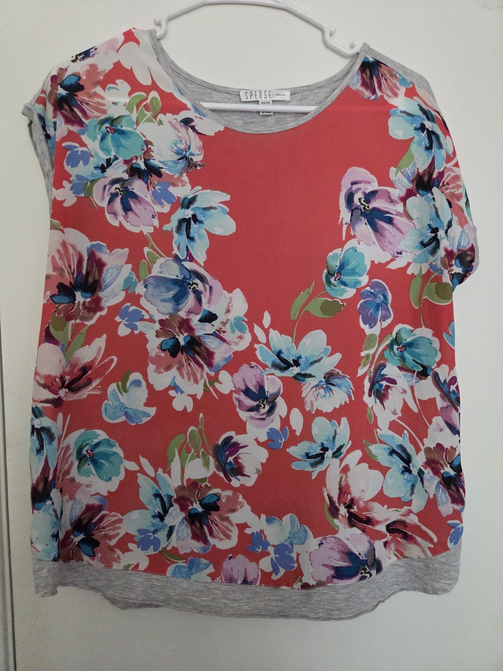 Spense Petite Floral Mixed Media Short Sleeve Top Coral Gray Medium PM